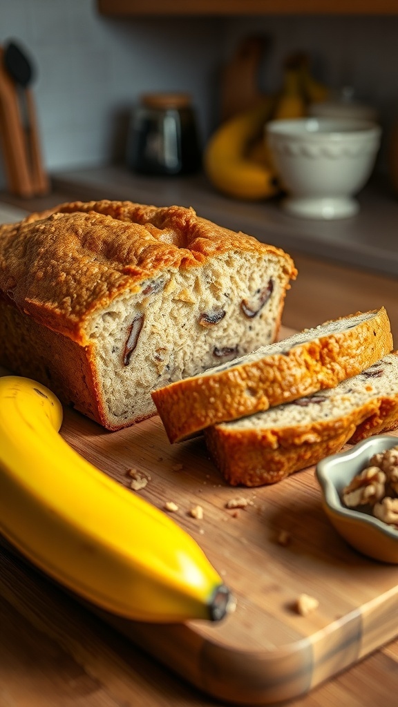 A golden brown banana bread loaf sliced on a cutting board with ripe bananas and walnuts.